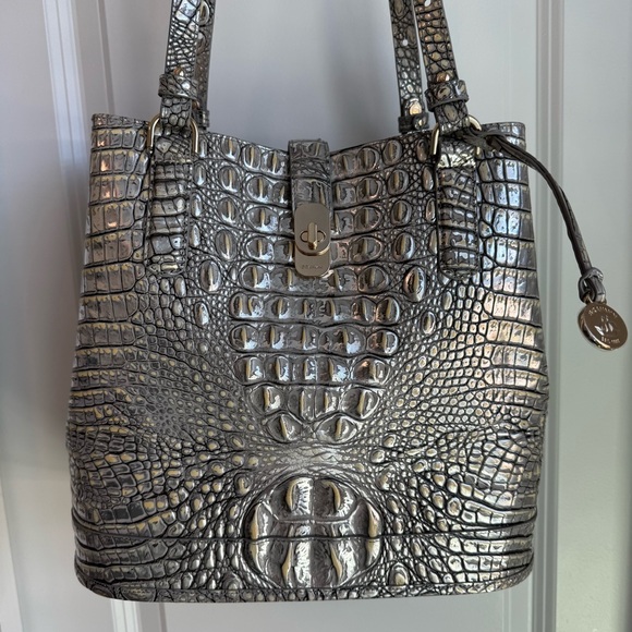 Brahmin Fiora Shoulder Bucket Tote Chrome Silver Metallic Leather